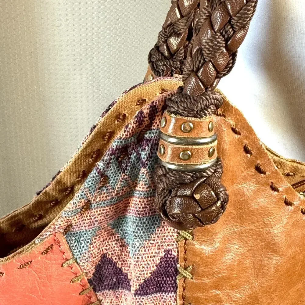 The Sak Indio Leather Boho Hobo Shoulder Bag Patchwork Satchel Woven Peach EUC
